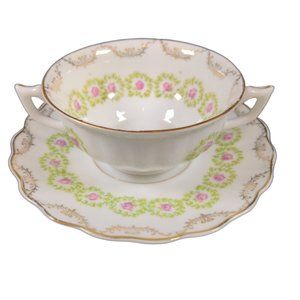 Vintage Altrohla Teacup Saucer Set Austria Double Handle Floral Wreath READ